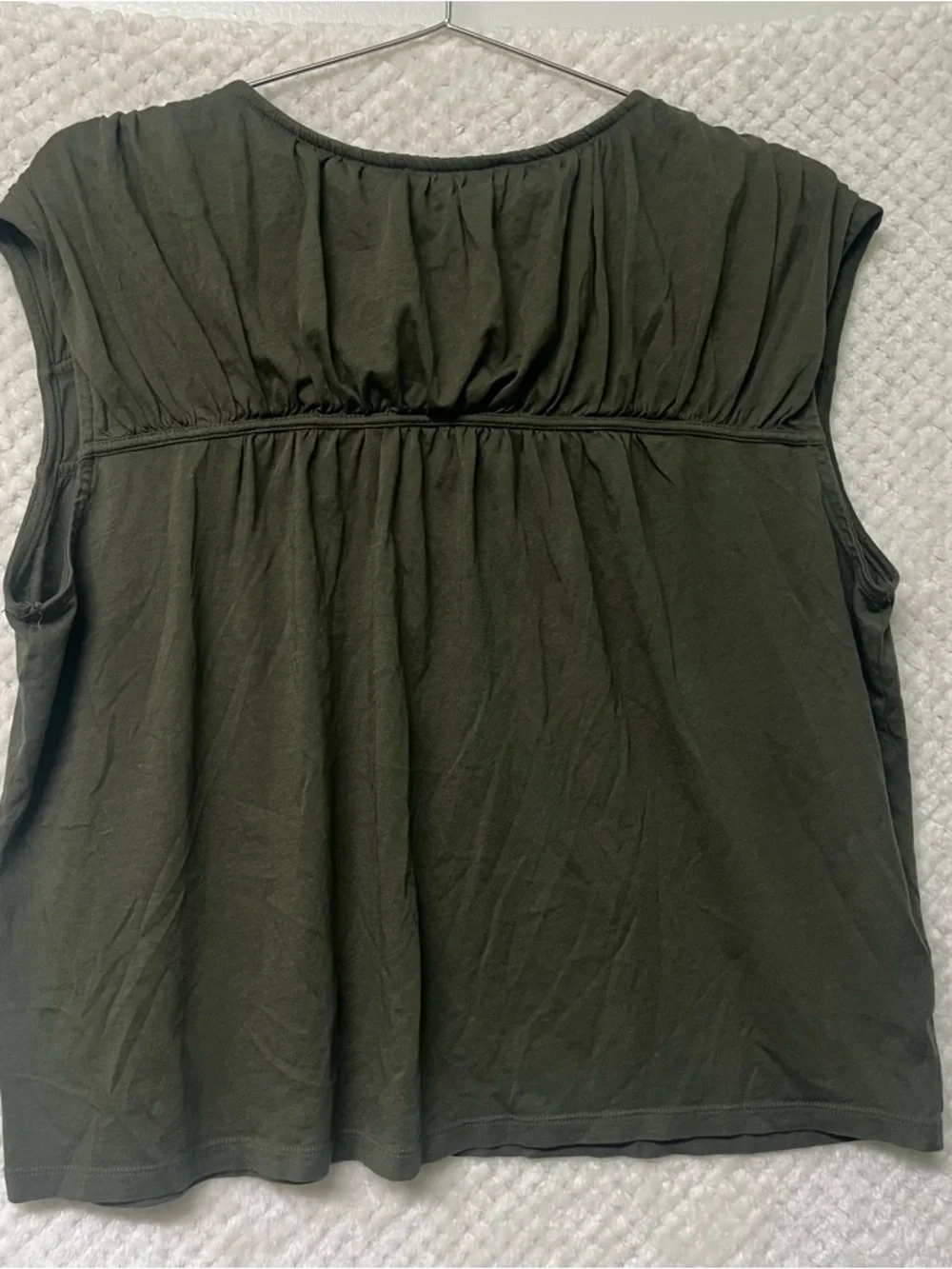 LOFT Shirred Tie Neck Top Green Cotton Blend Boho Chic V-neck Womens Large